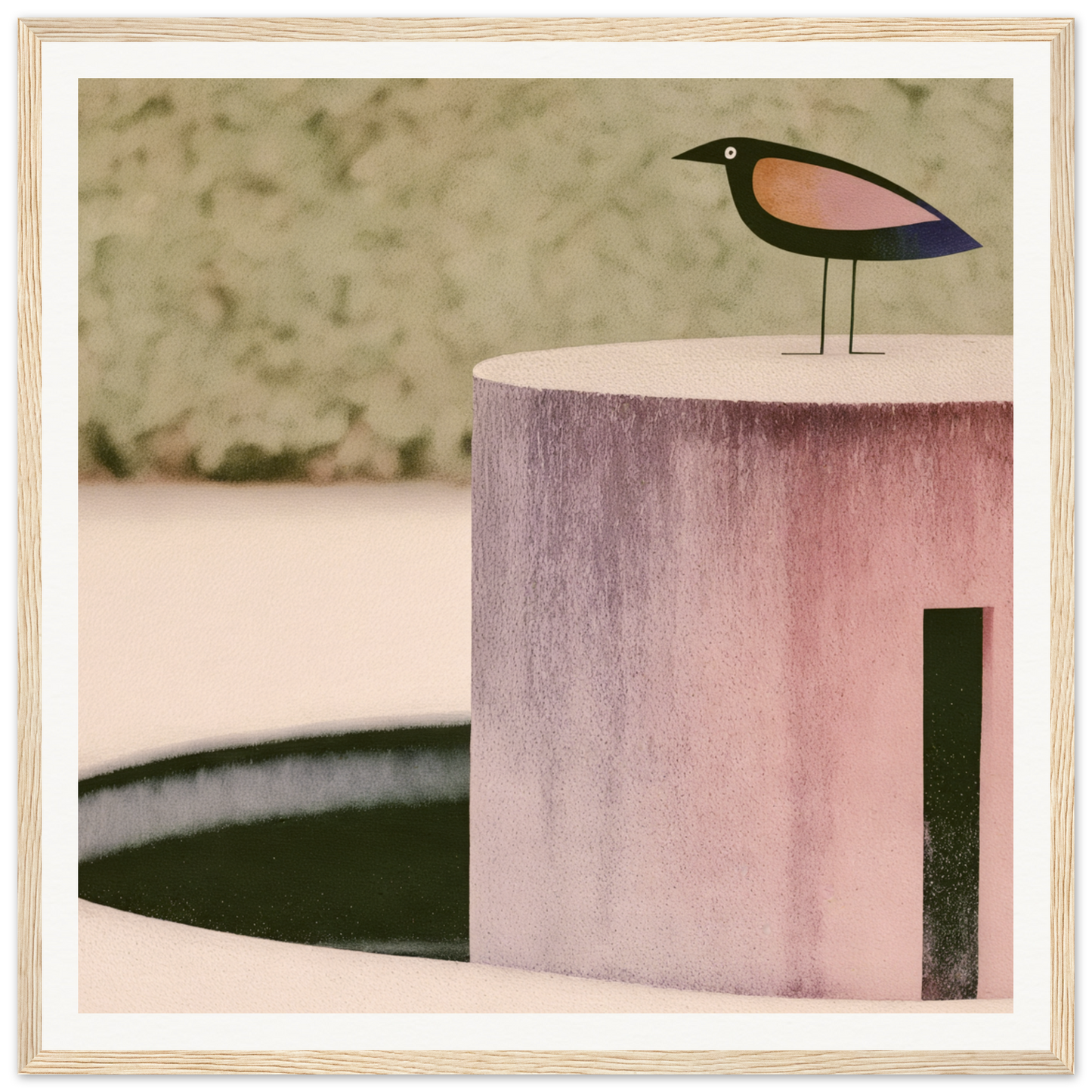 Stylized wooden bird in pink and blue on the Prophetic Pink Perch cylindrical surface