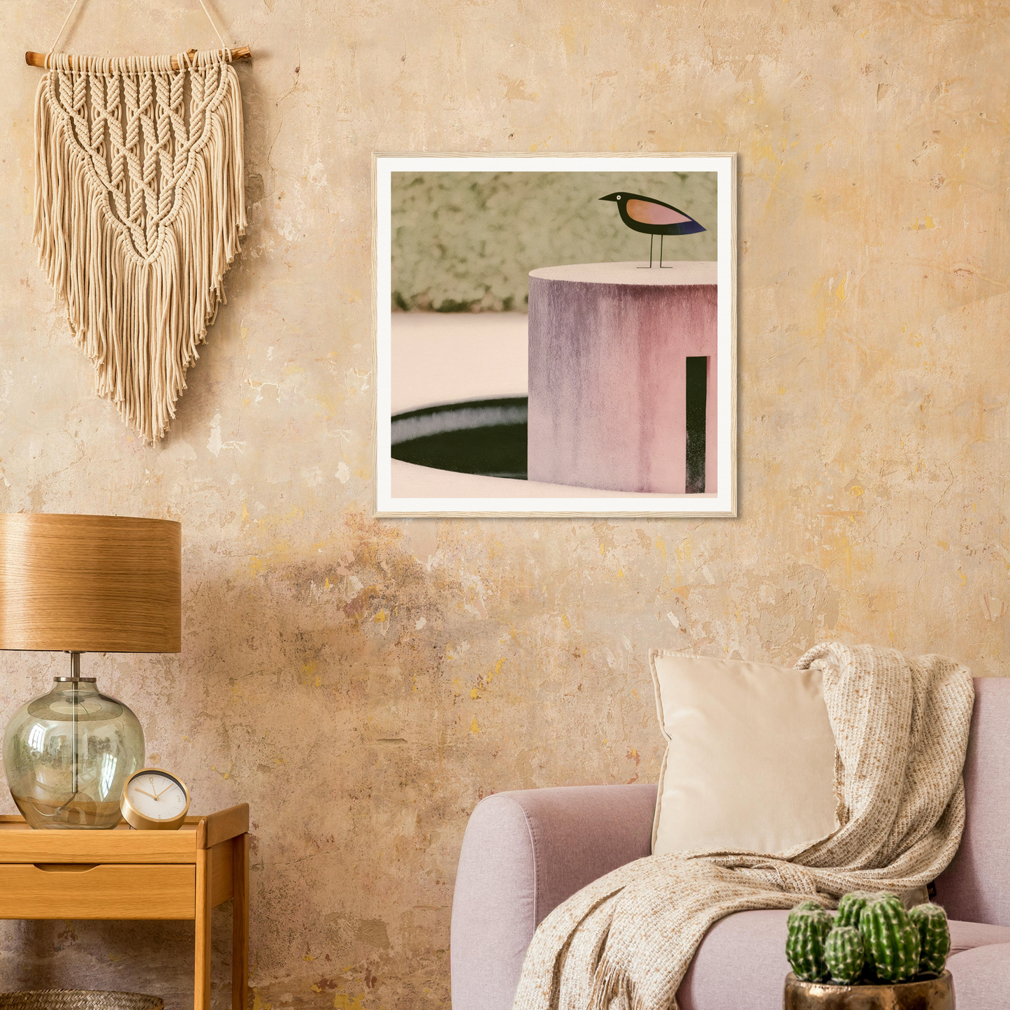 Framed minimalist art print of a bird on a Prophetic Pink Perch architectural design