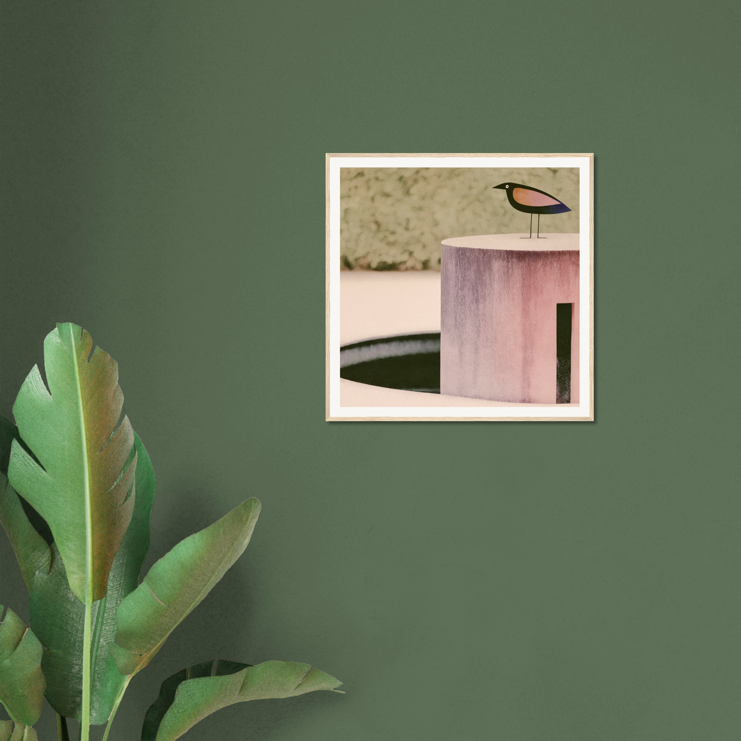 Framed artwork of a bird on a pink architectural structure, Prophetic Pink Perch
