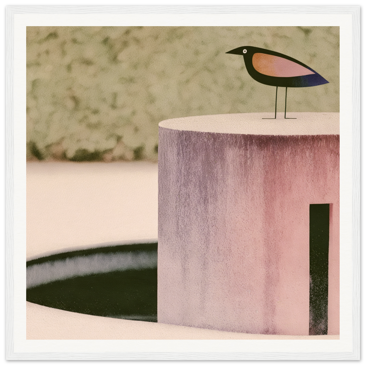 Stylized wooden bird figure in pink and blue on a cylindrical base of Prophetic Pink Perch