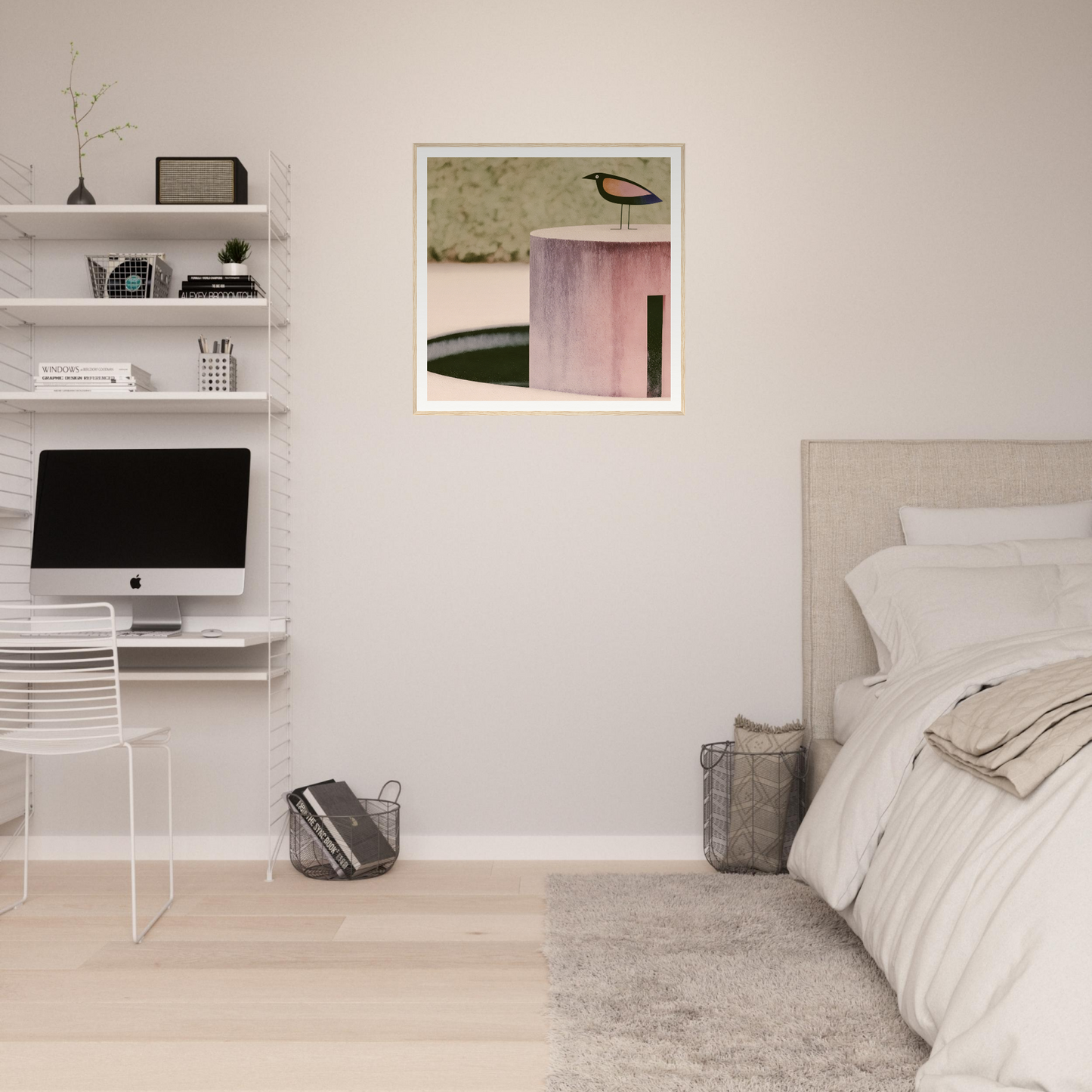 Minimalist bedroom featuring white floating shelves and an iMac workstation in Prophetic Pink Perch