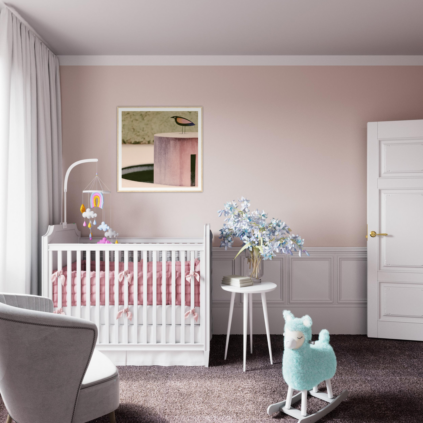White wooden crib with pink bedding from the Prophetic Pink Perch collection