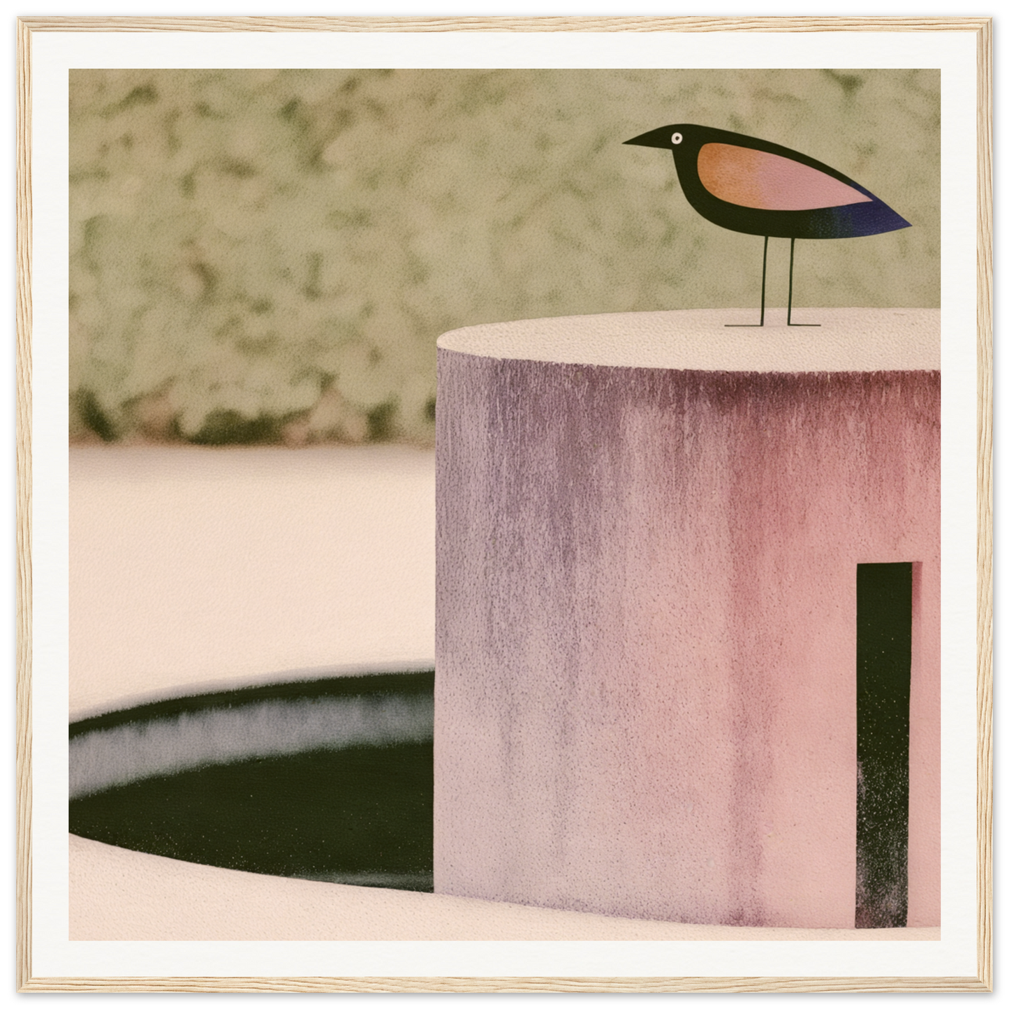 Minimalist wooden bird figure with pink and blue accents on Prophetic Pink Perch