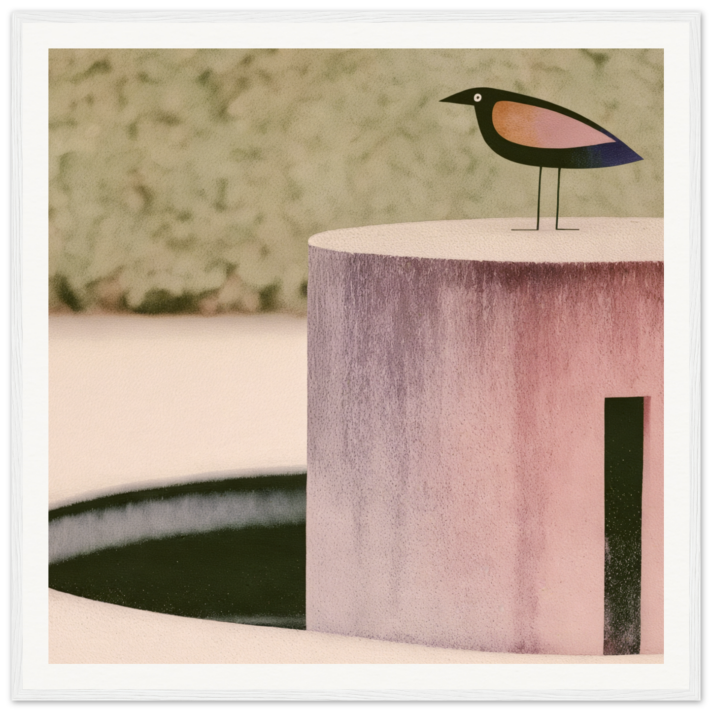 Stylized wooden bird figure in pink and blue on a cylinder from Prophetic Pink Perch