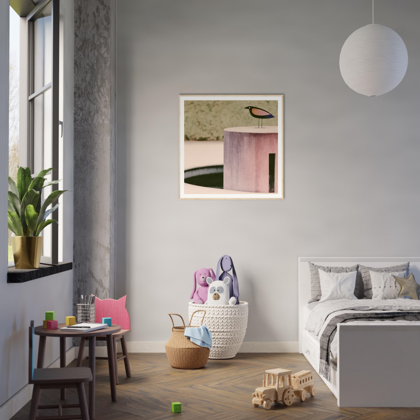 Minimalist bedroom showcasing Prophetic Pink Perch with gray walls and natural wood flooring