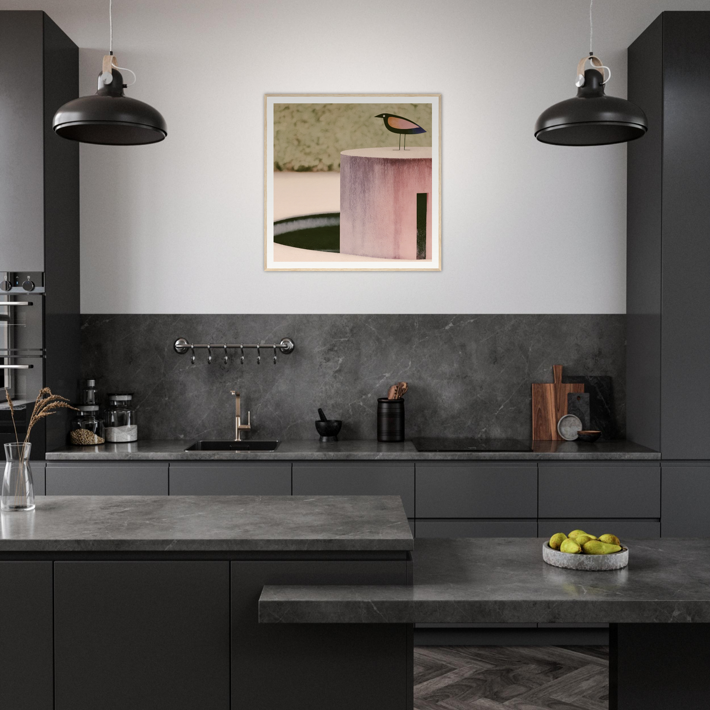Modern dark gray kitchen featuring Prophetic Pink Perch and industrial pendant lights