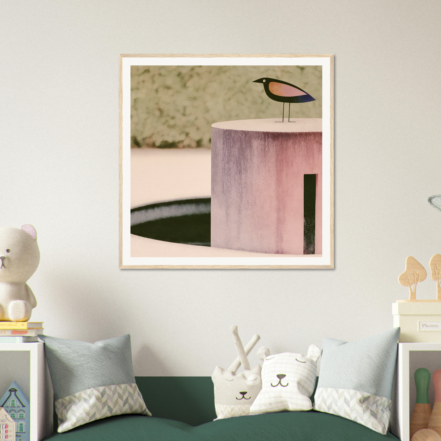 Framed artwork of a minimalist bird on a pink geometric shape for Prophetic Pink Perch