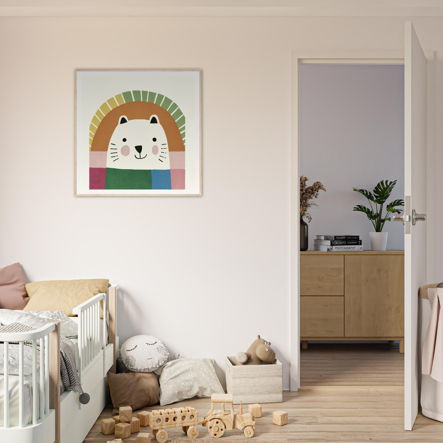 Cute cartoon lion artwork with rainbow design in Psychedelic Bear Symphony frame