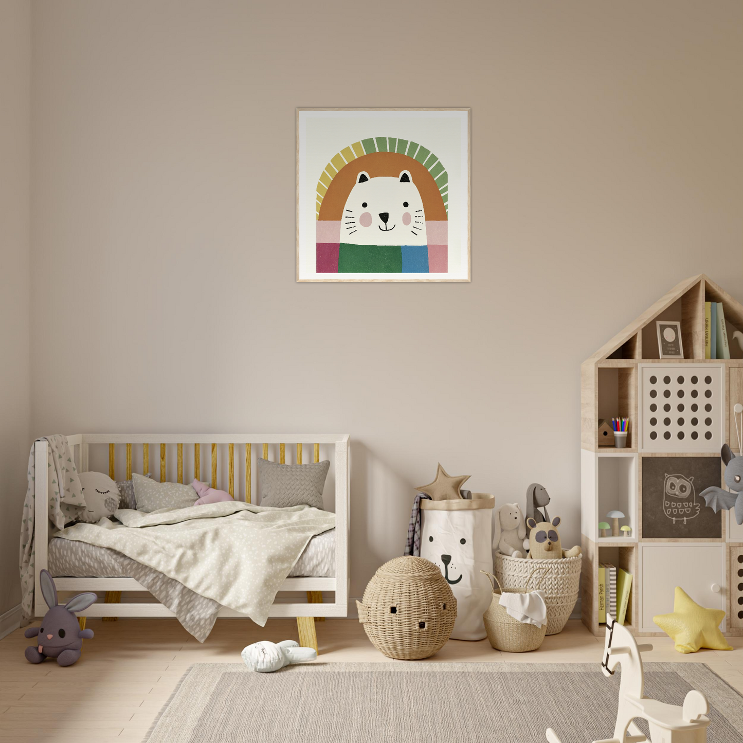 Cozy nursery in neutral tones featuring whimsical animal-themed decor and Psychedelic Bear Symphony