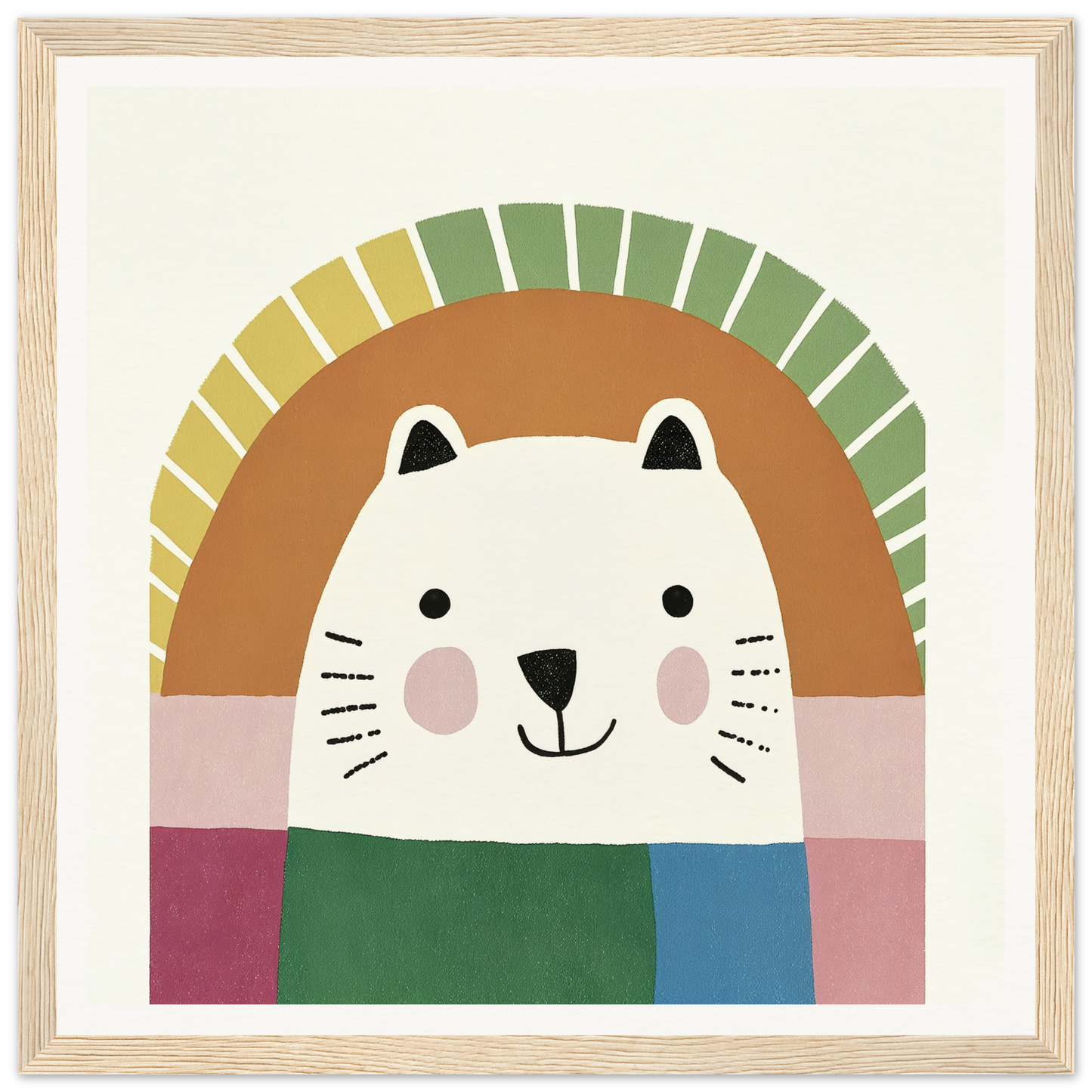 Cute cartoon cat face with whiskers in a green scarf for Psychedelic Bear Symphony