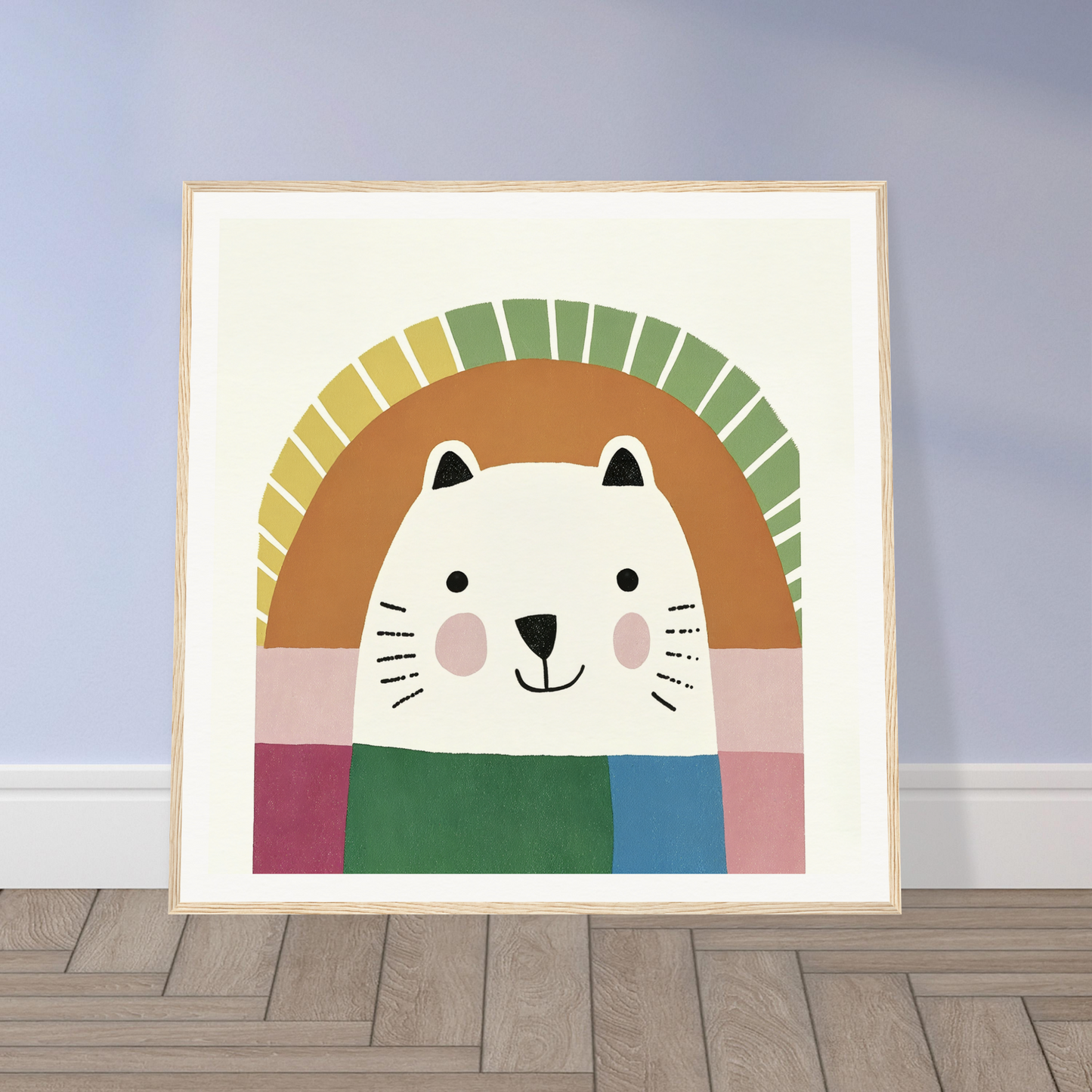 Cute cartoon cat illustration with rainbow semicircle in minimalist style for Psychedelic Bear Symphony