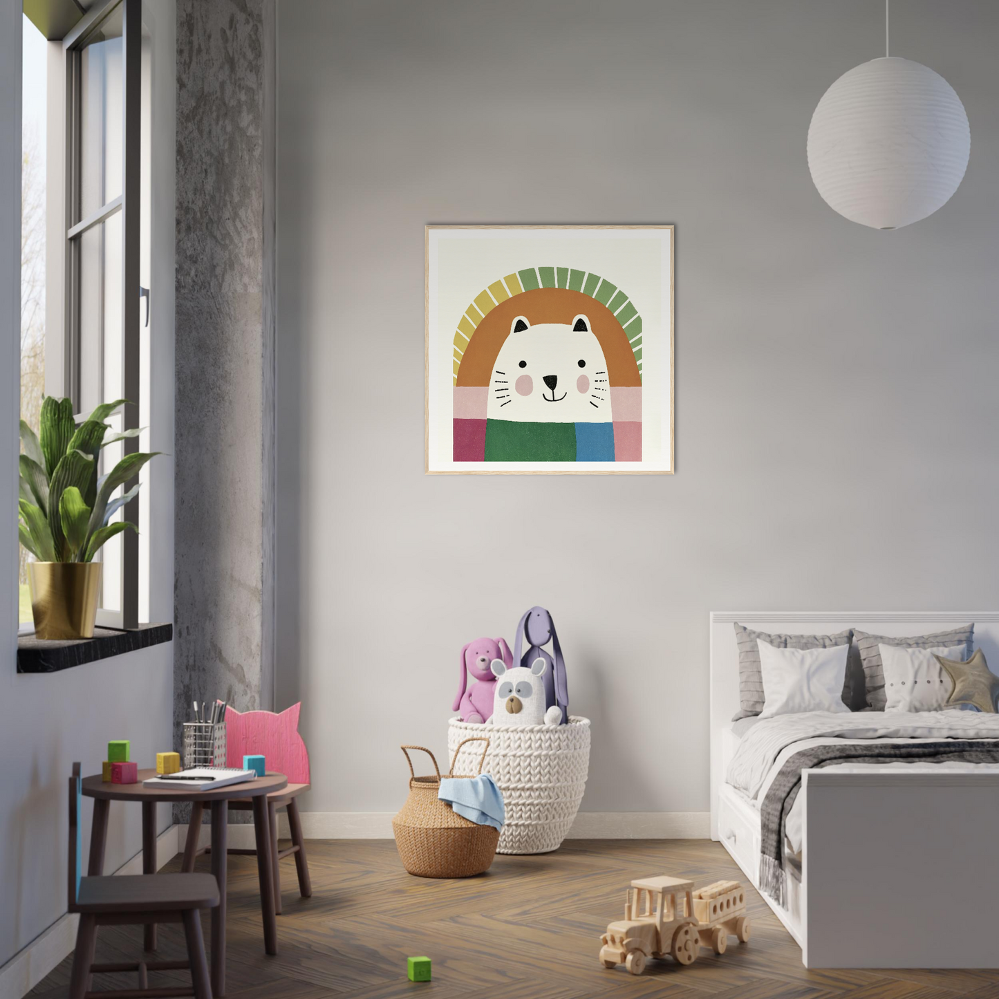 Psychedelic Bear Symphony features a whimsical rainbow lion art print on a wall