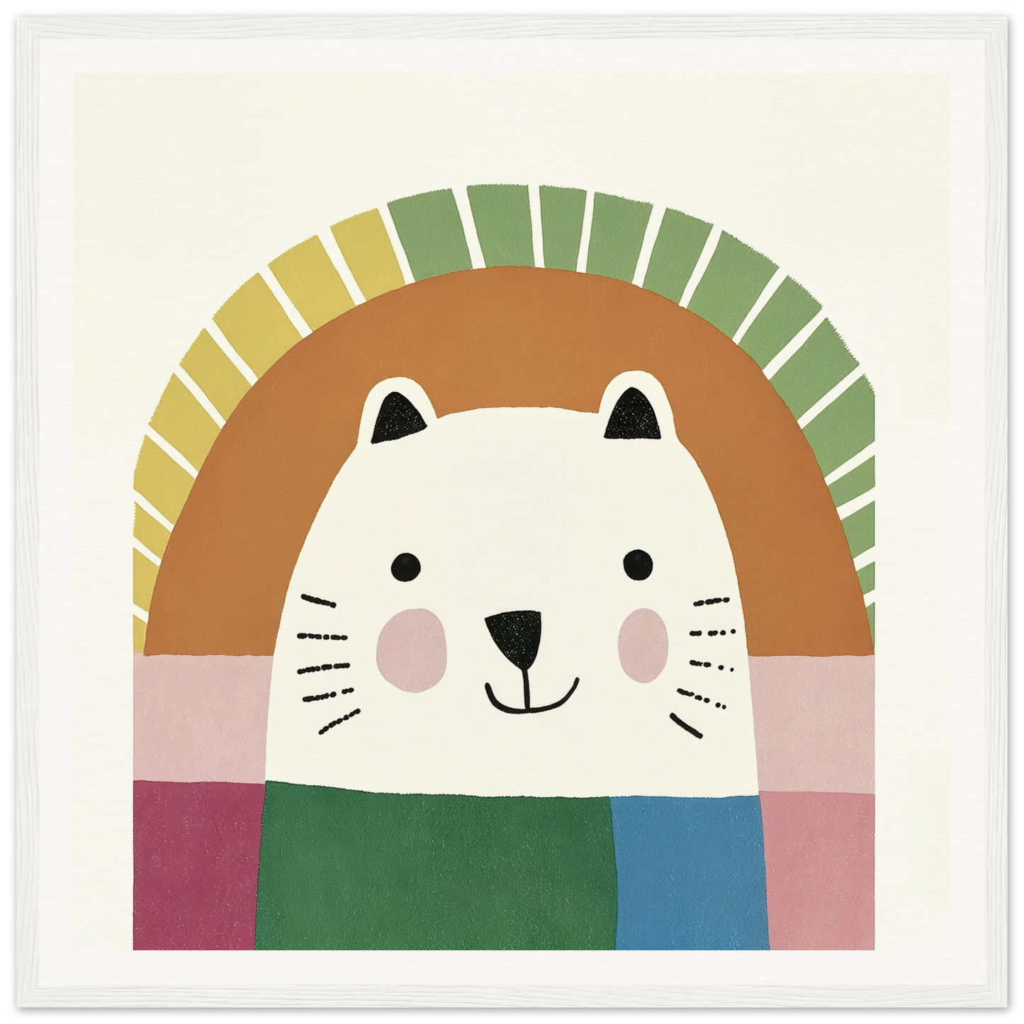 Cute cartoon cat face with whiskers and colorful scarf from Psychedelic Bear Symphony