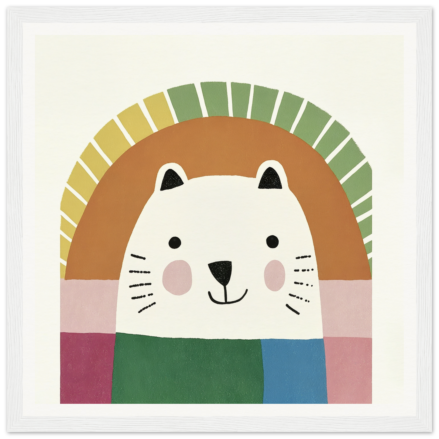 Cute cartoon cat face with whiskers adorned in a colorful scarf from Psychedelic Bear Symphony