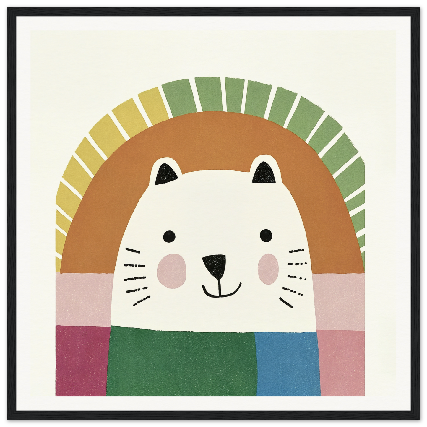 Cute cartoon cat with rosy cheeks in a green scarf under a colorful rainbow arch