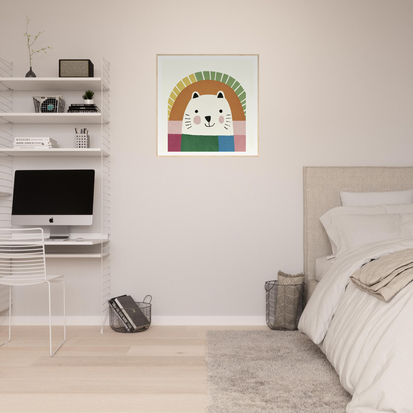 Colorful cartoon lion artwork with a rainbow arch above its smiling face in Psychedelic Bear Symphony
