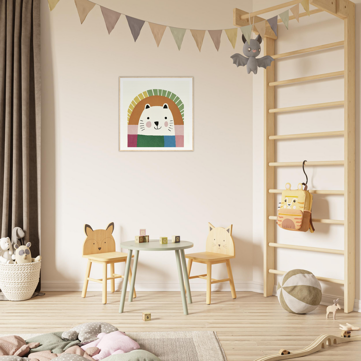 Colorful children’s play area featuring animal-themed chairs and a round table