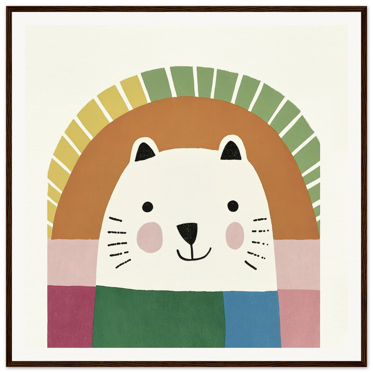 Cute cartoon cat with rosy cheeks in a colorful scarf from Psychedelic Bear Symphony