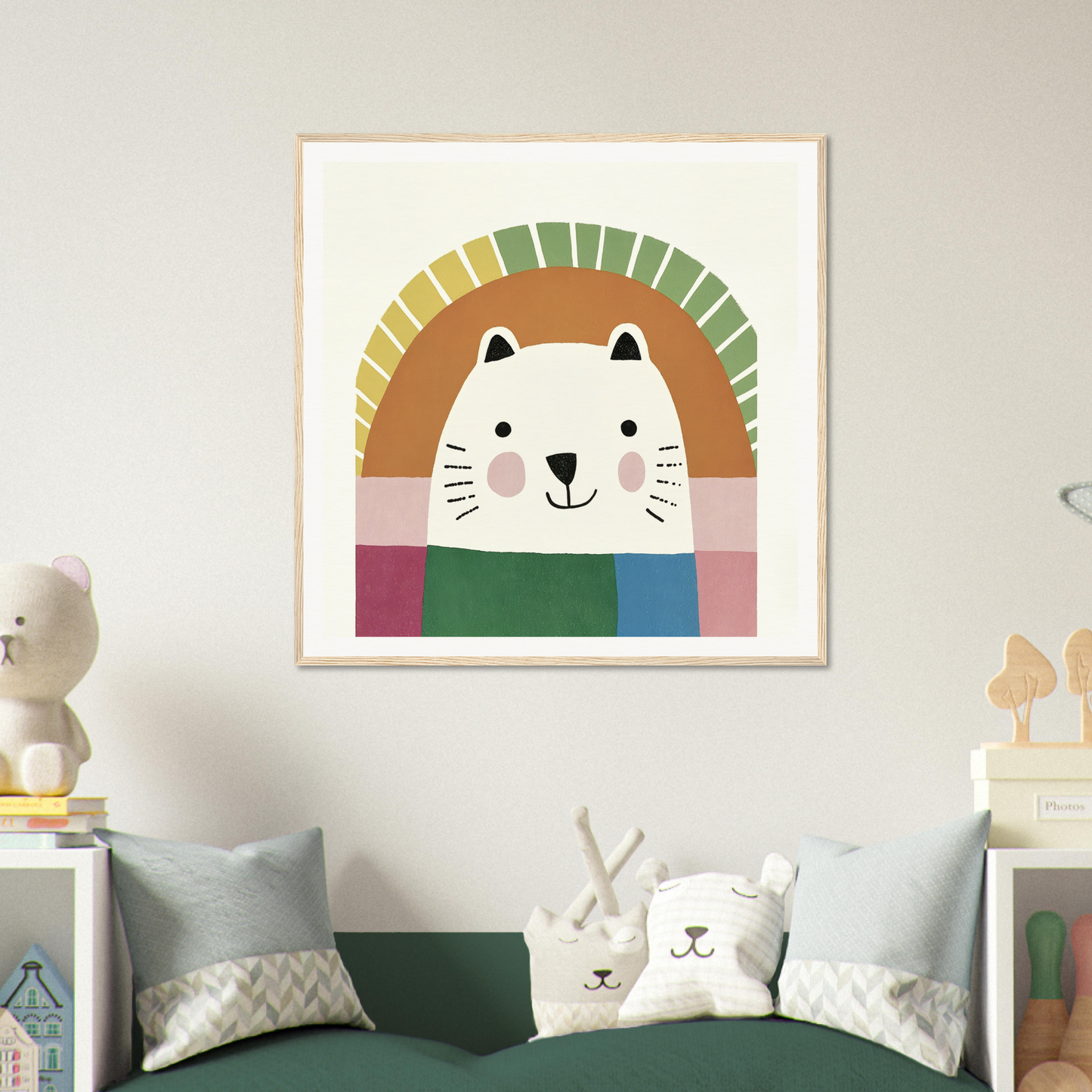 Colorful rainbow-arched artwork with a cute cartoon cat face in Psychedelic Bear Symphony