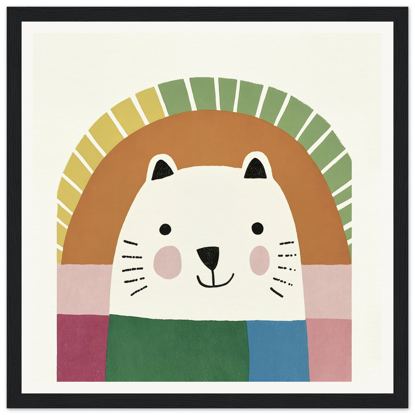 Cute cartoon cat with rosy cheeks in a green scarf under a rainbow for Psychedelic Bear Symphony