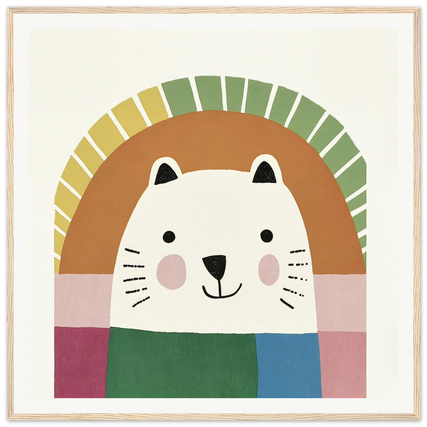 Cute cartoon cat face with rosy cheeks and scarf in Psychedelic Bear Symphony design