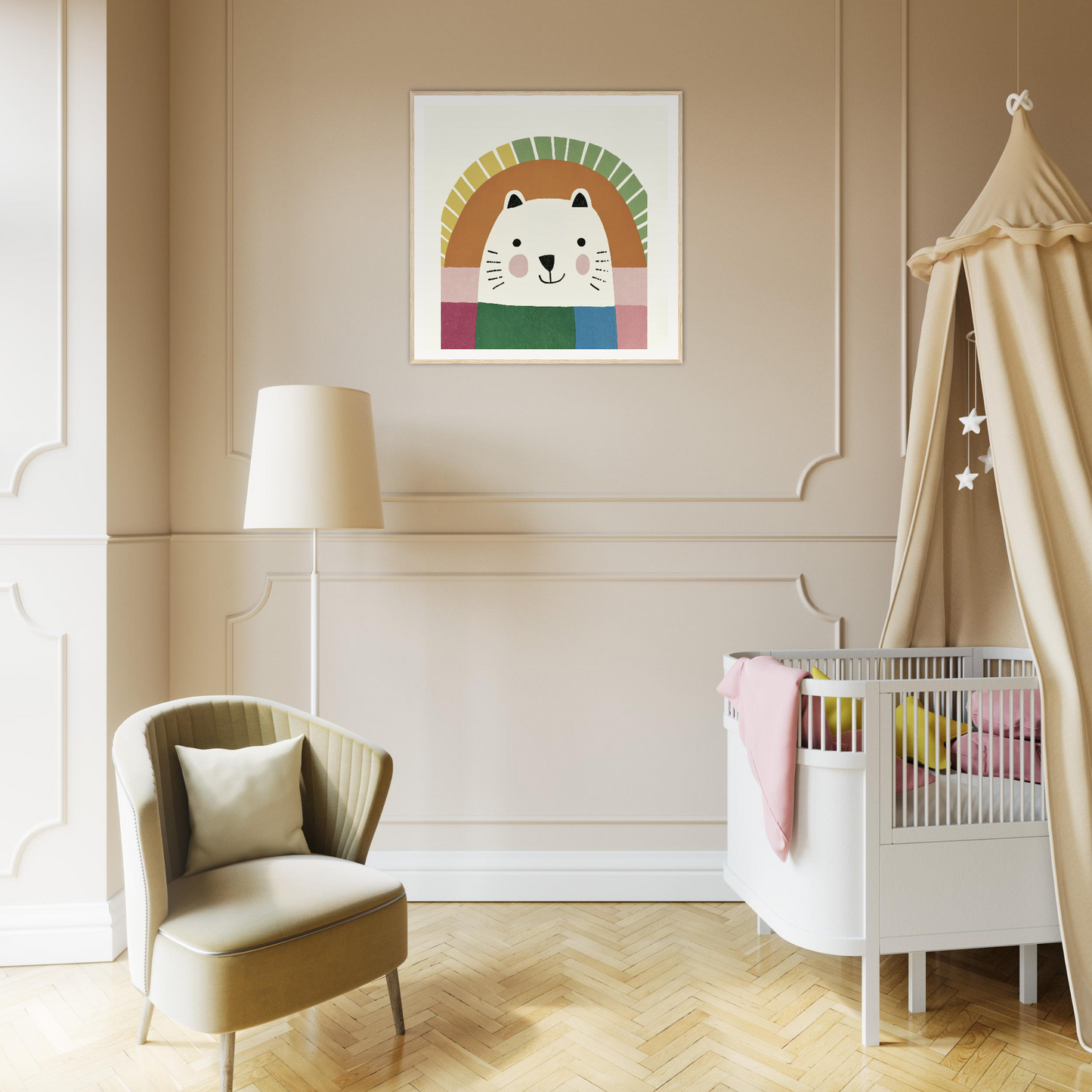 Nursery room featuring cute cat artwork, cozy armchair, and canopy crib from Psychedelic Bear Symphony