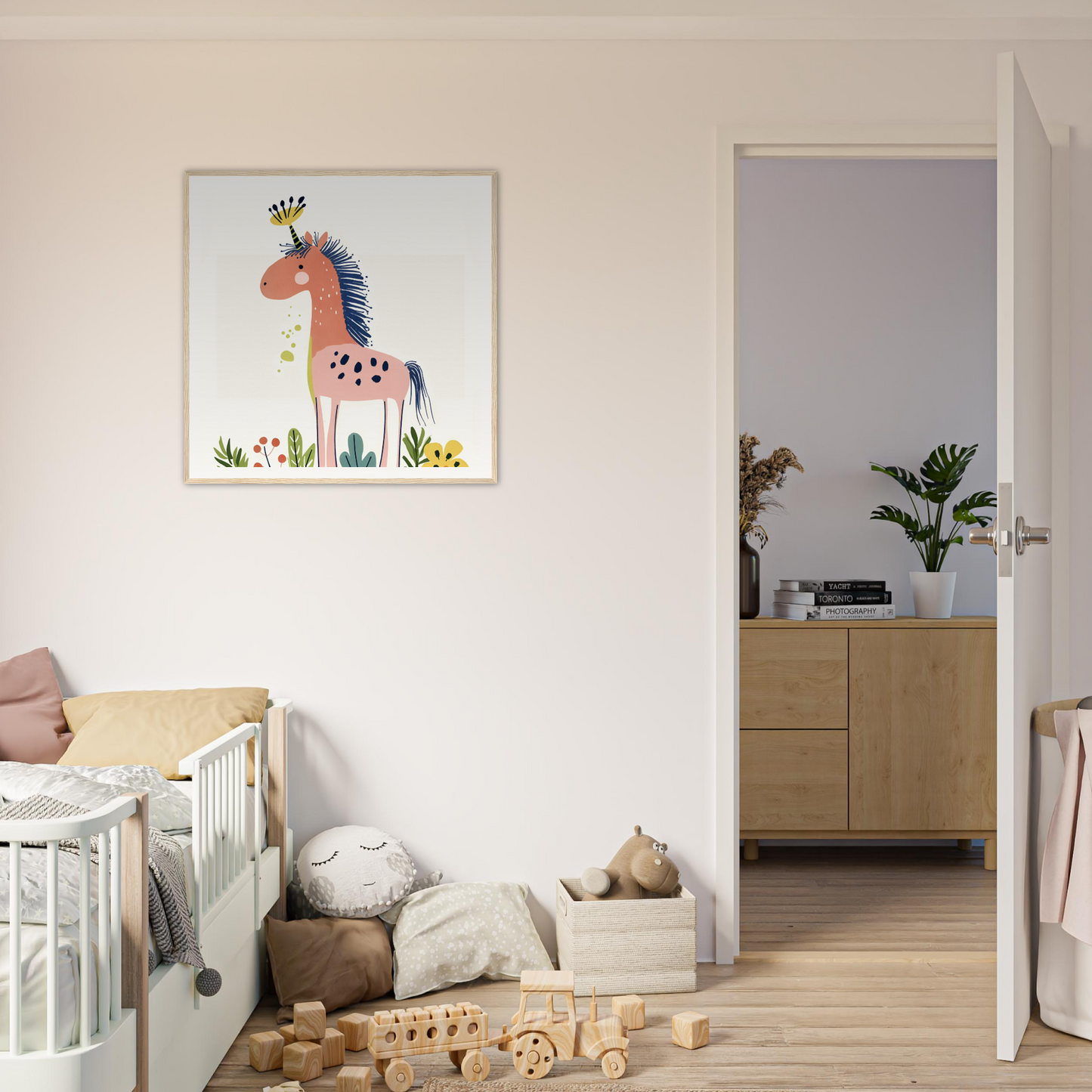 Whimsical cartoon giraffe artwork in pink and blue from Psychedelic Creature Dreaming