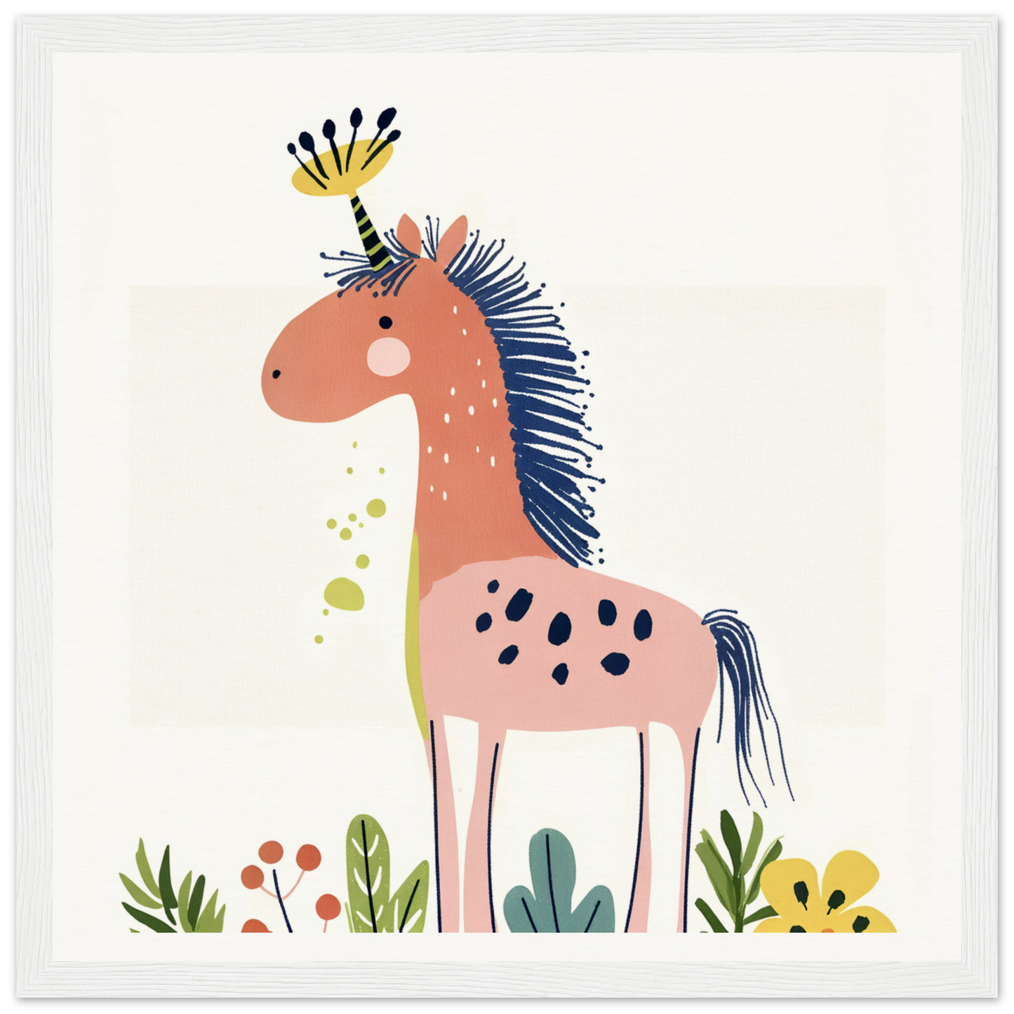 Pink horse with blue mane and yellow crown feathers for Psychedelic Creature Dreaming