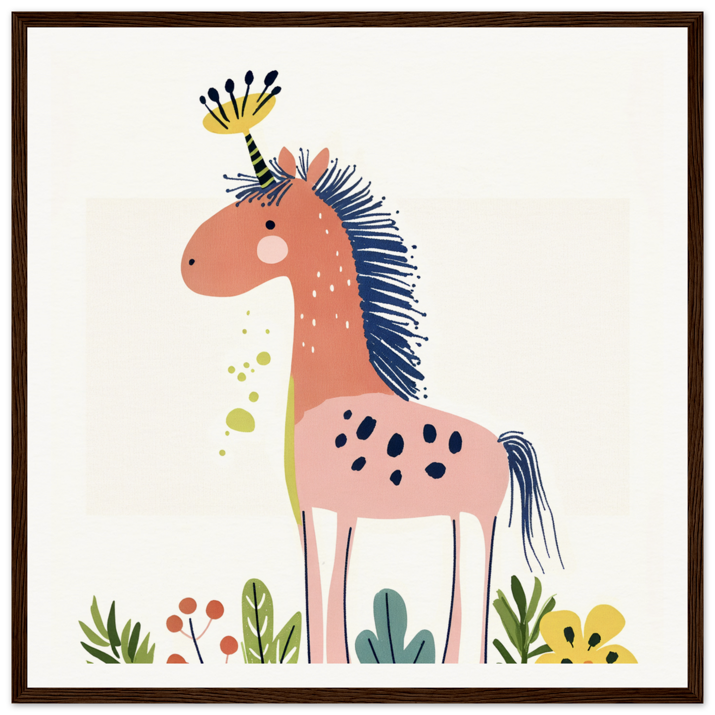 Pink horse with blue mane, spots, and yellow crown in Psychedelic Creature Dreaming