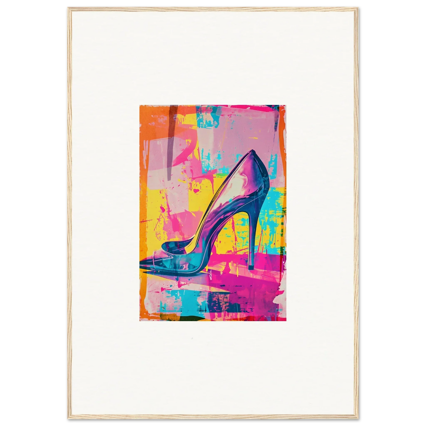 Colorful, stylized high-heeled shoe art showcasing the Heel Phenomenon for vibrant room decor