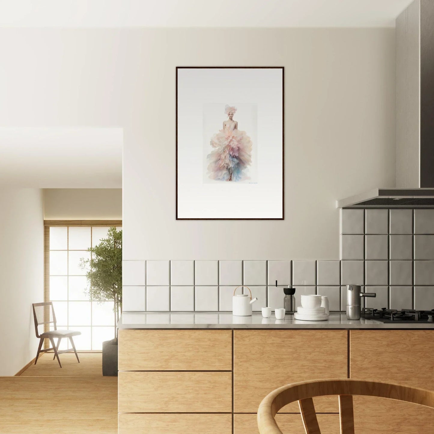 Framed wall art of soft pink and blue watercolors in Psychedelic Iridescence Hymn