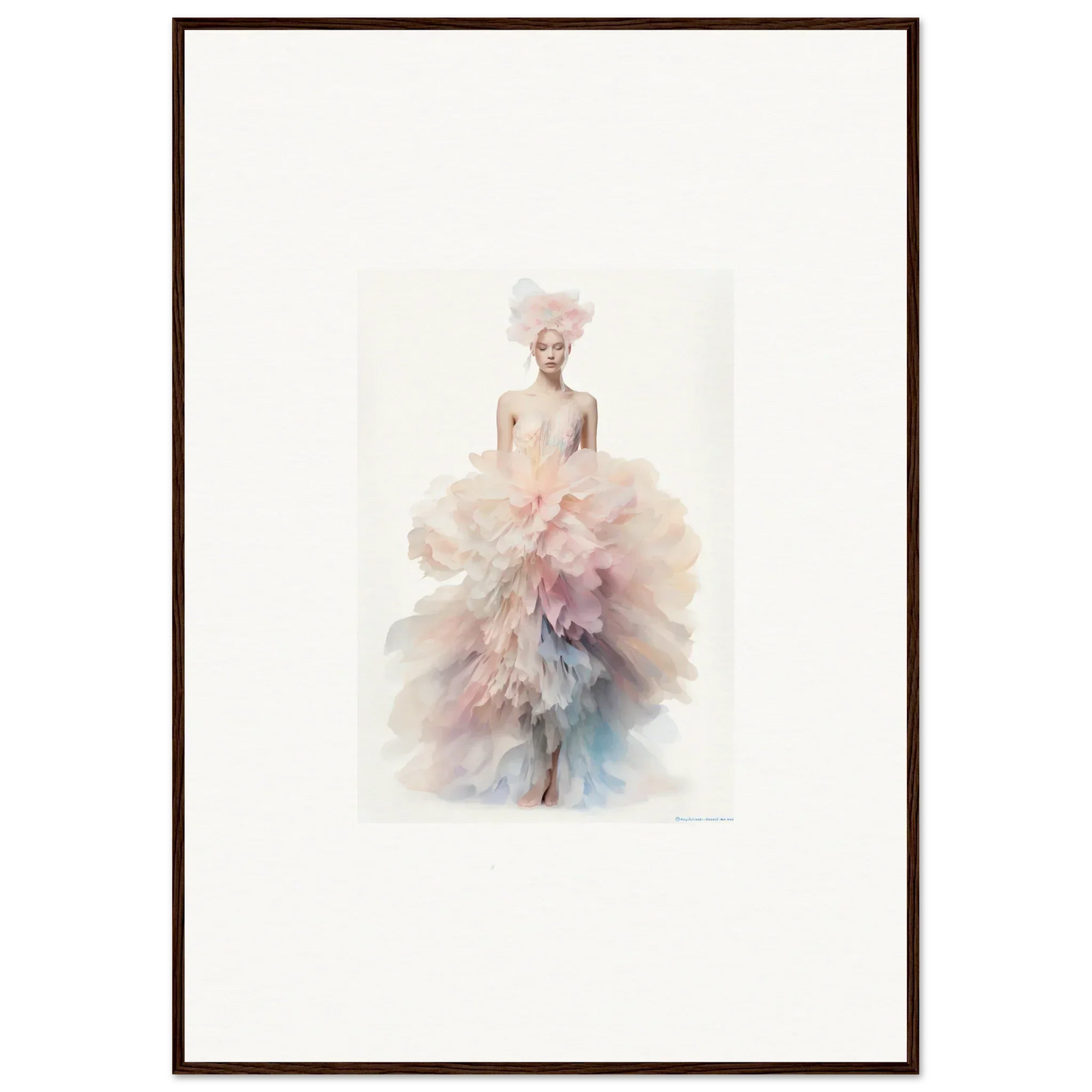 Ethereal watercolor figure in pink and blue tulle gown for Psychedelic Iridescence Hymn framed wall art