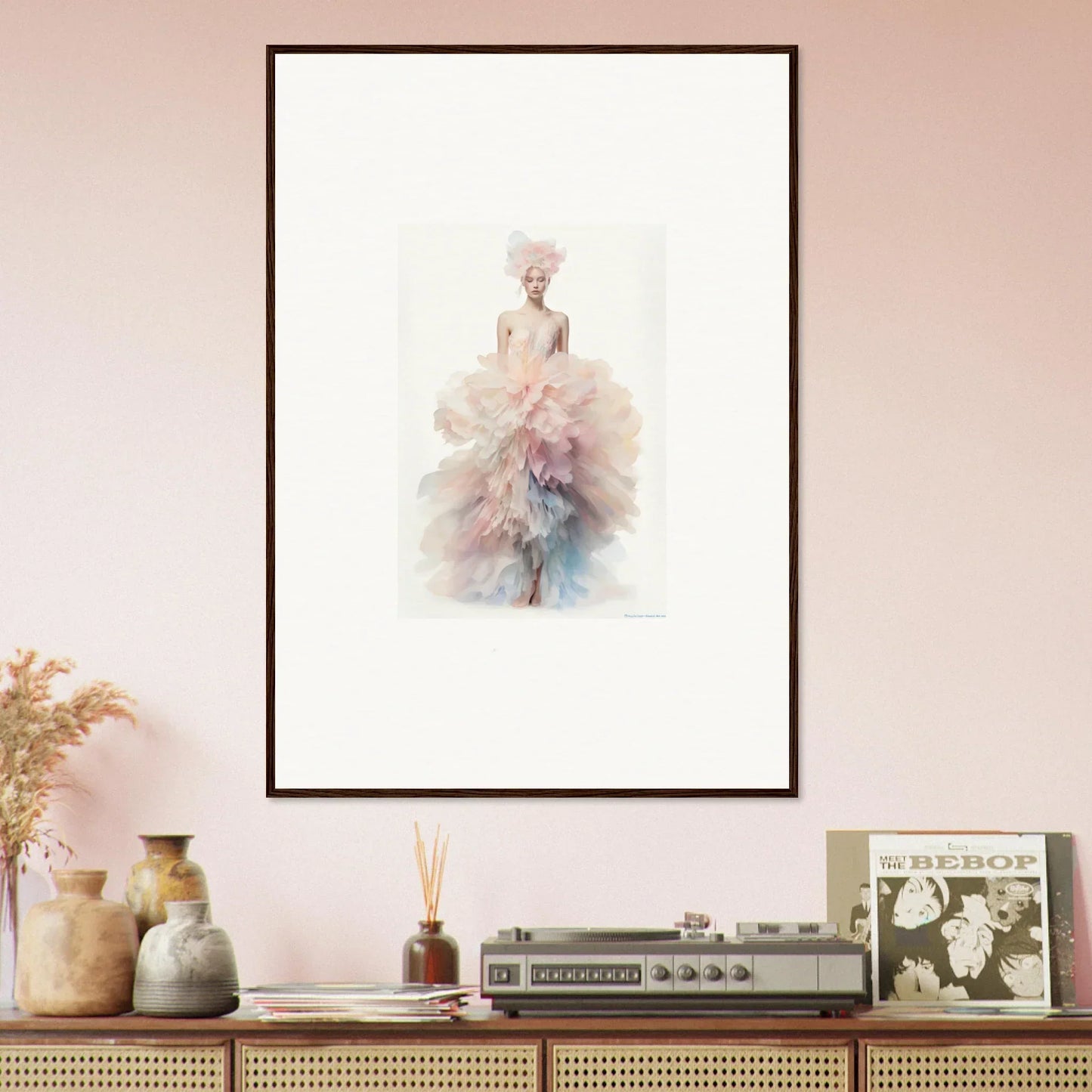 Framed wall art of a flowing pastel dress in Psychedelic Iridescence Hymn design