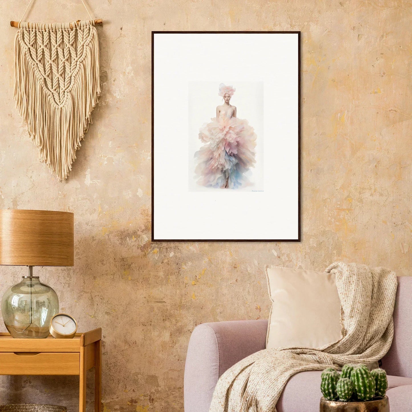 Framed wall art of a delicate pink and blue figure in Psychedelic Iridescence Hymn