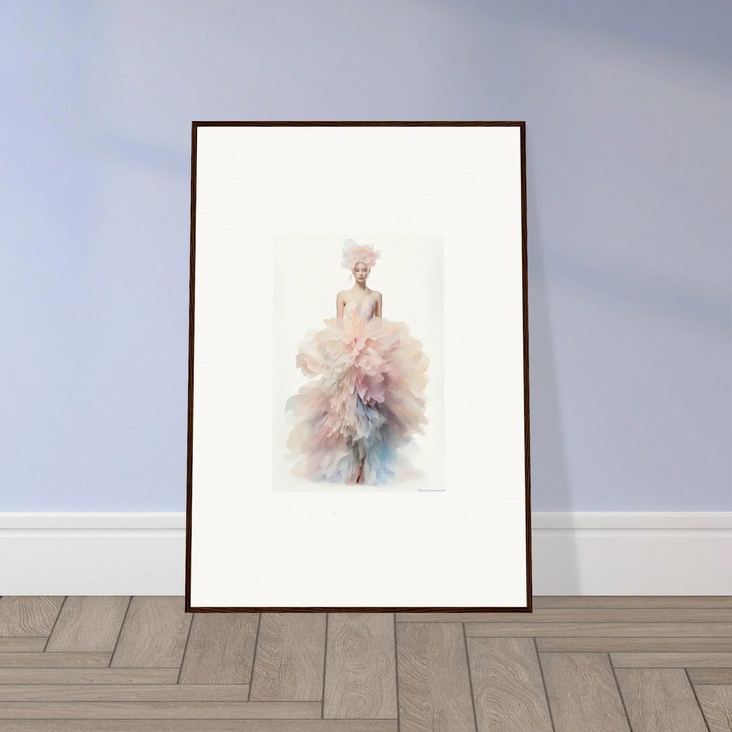 Framed wall art of a ballerina in soft pink and blue from Psychedelic Iridescence Hymn