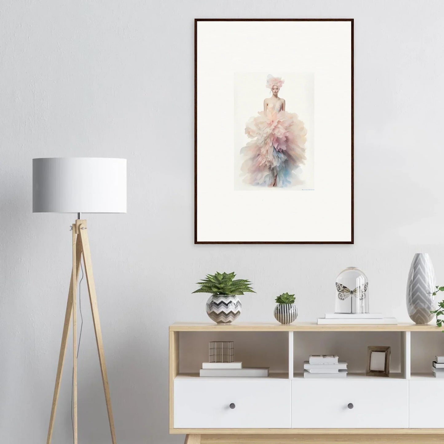 Modern white media console with open shelving and drawers for Psychedelic Iridescence Hymn