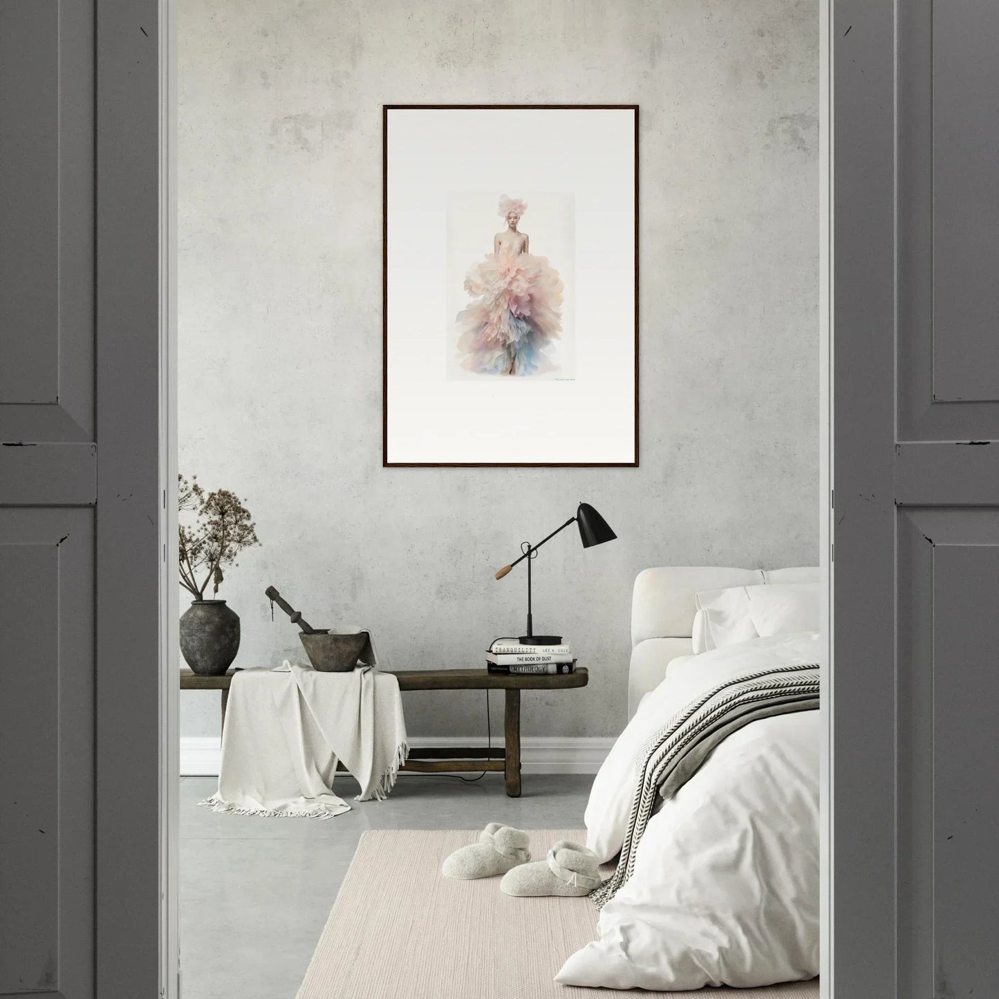 Minimalist bedroom featuring special edition art™ with soft pink and gray watercolor