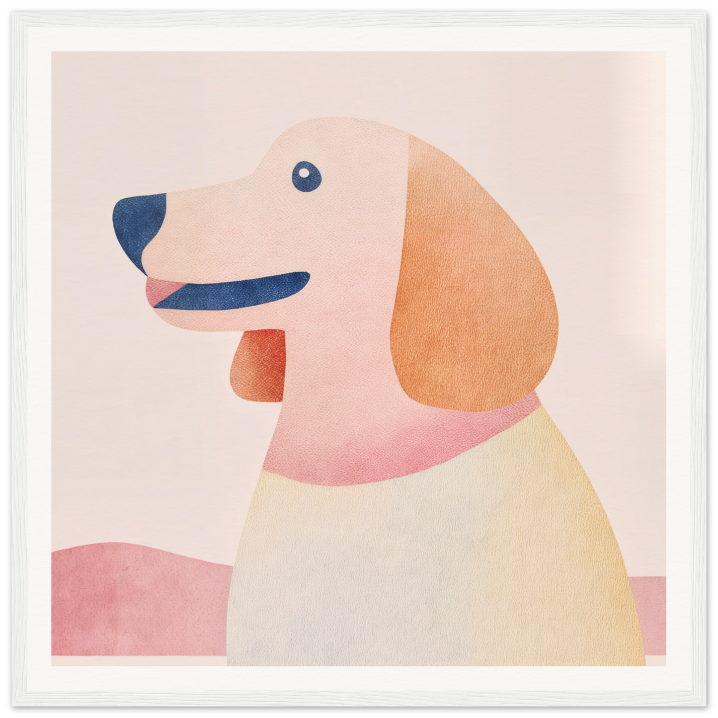 Minimalist illustration of a cream and tan dog with a blue eye, Psychedelic Pup Gregory