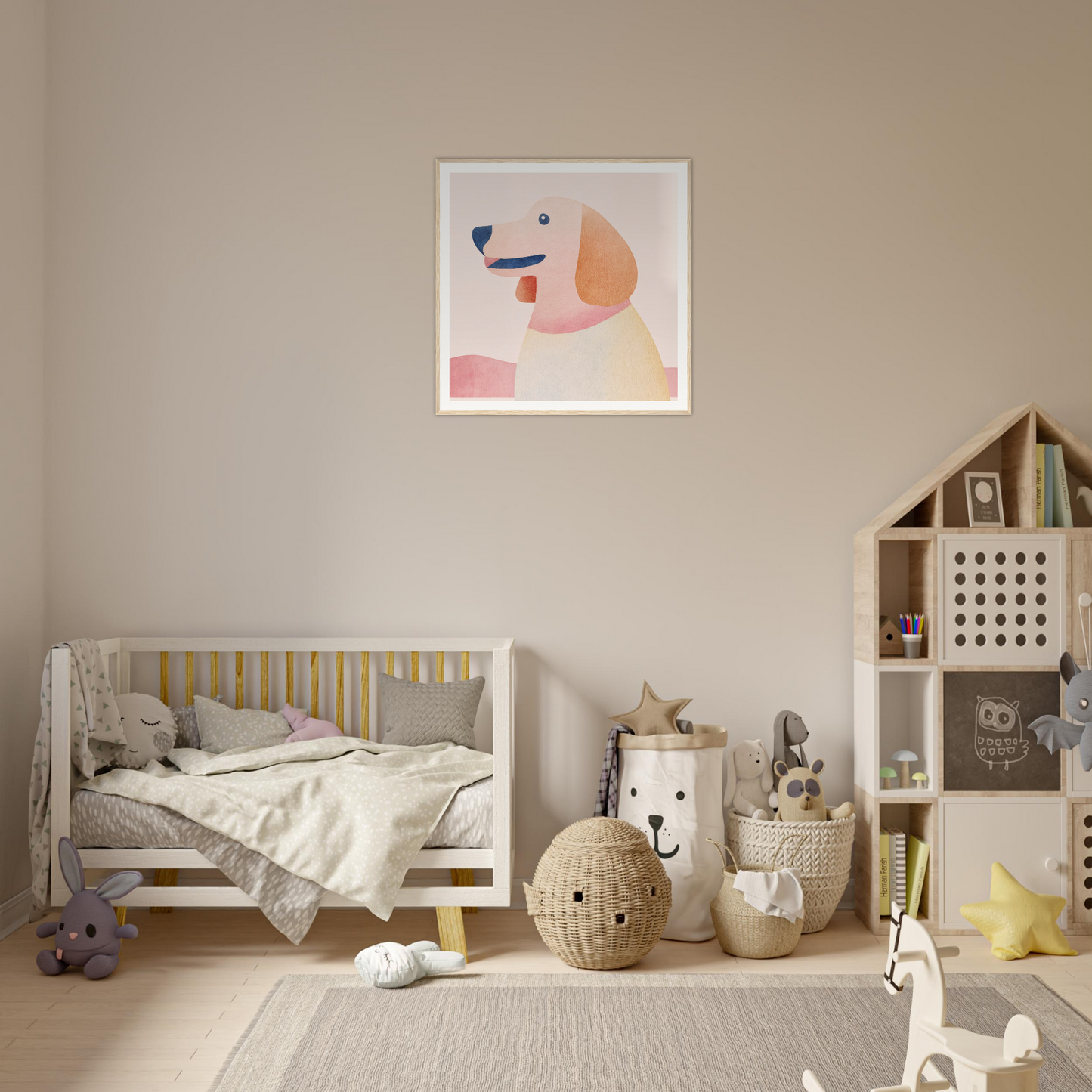 Wooden crib with gray bedding and yellow slats from Psychedelic Pup Gregory