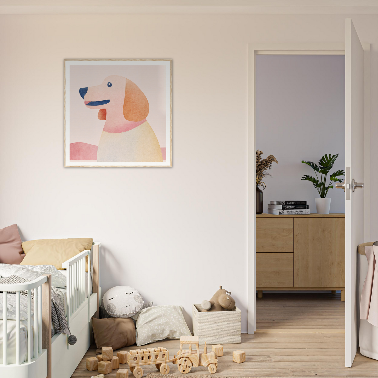 Framed abstract illustration of Psychedelic Pup Gregory in pink and beige tones