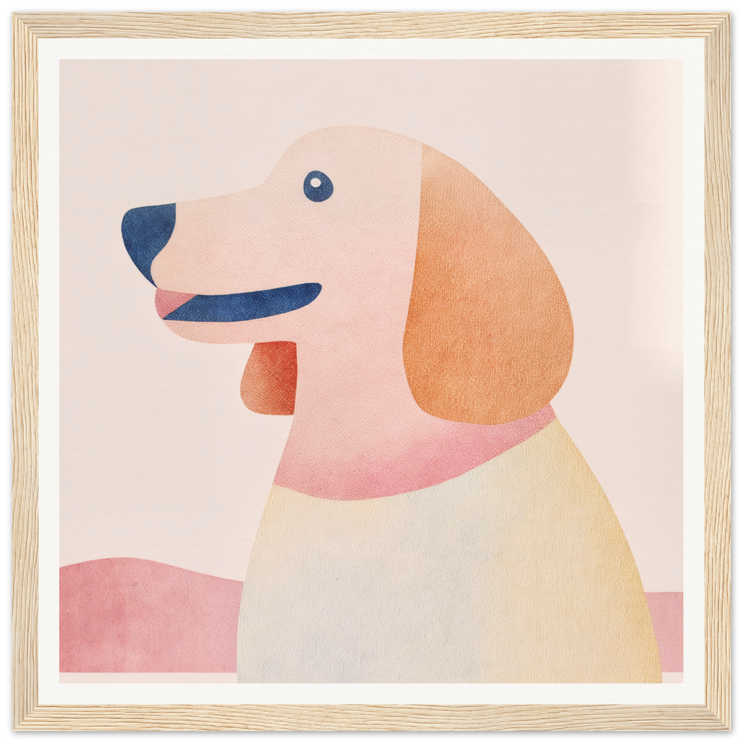 Minimalist illustration of a pastel-colored dog with a pink collar, Psychedelic Pup Gregory
