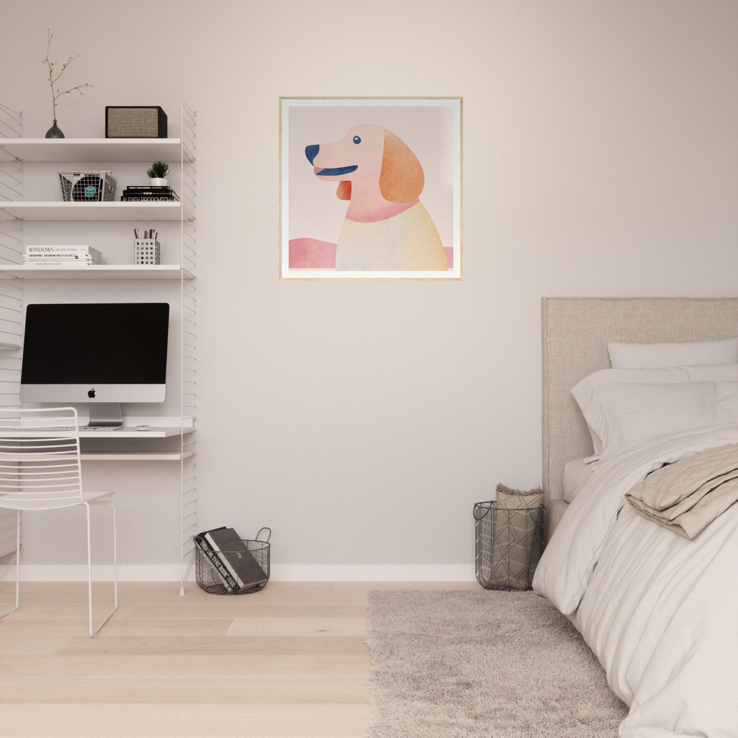 Minimalist bedroom featuring floating shelves, iMac workstation, and Psychedelic Pup Gregory art