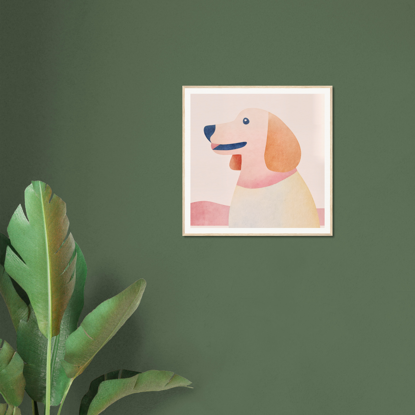 Cartoon illustration of Psychedelic Pup Gregory, featuring a dog with blue nose and pink accents