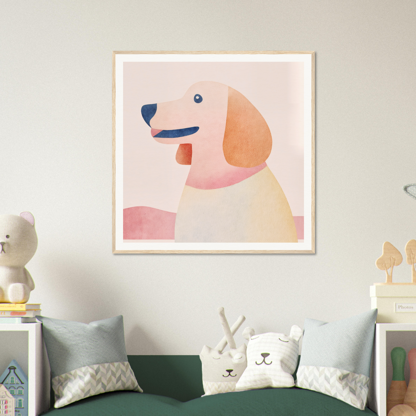 Minimalist art print of a dog’s head in soft pink and peach tones, Psychedelic Pup Gregory