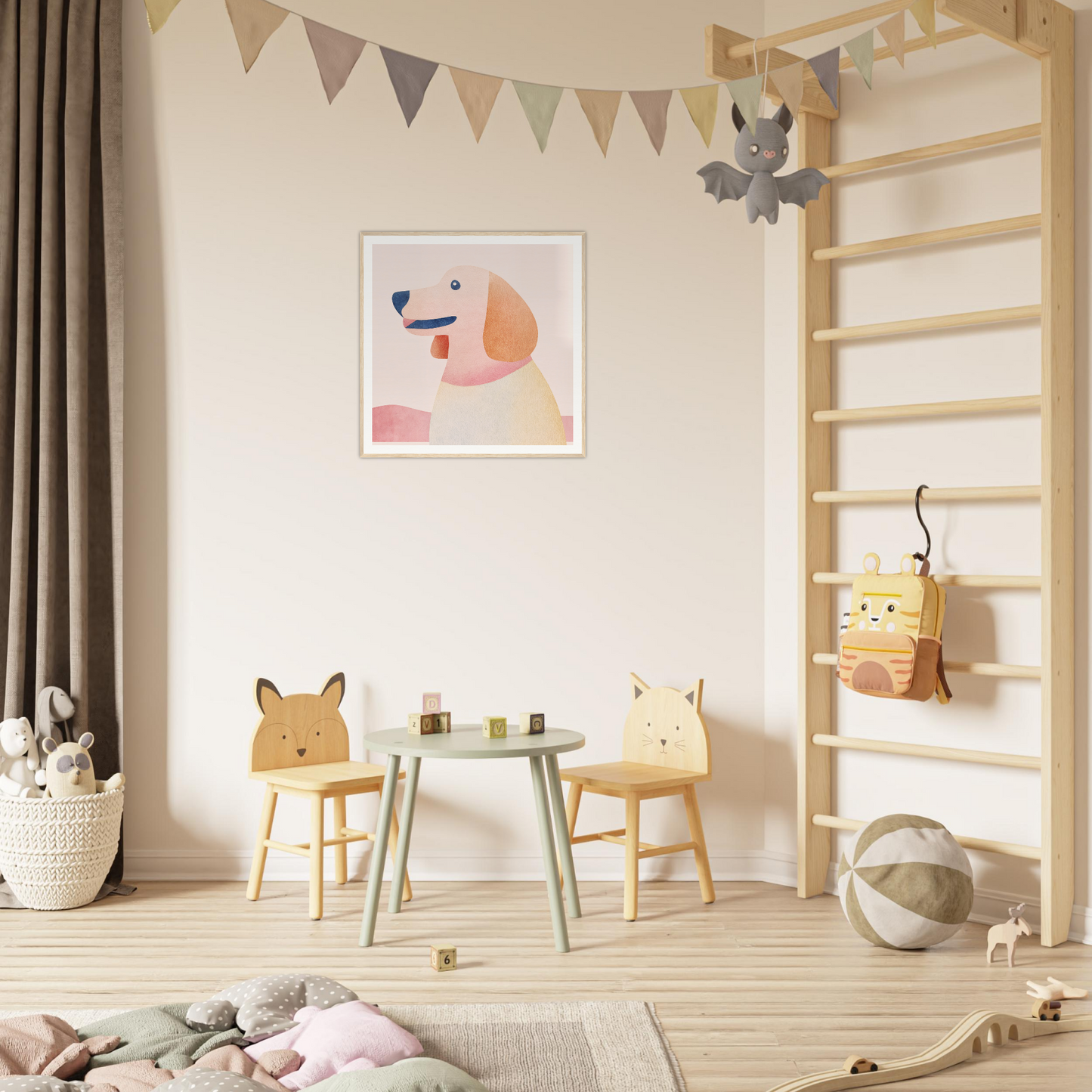 Children’s play area featuring animal-themed chairs and round table from Psychedelic Pup Gregory