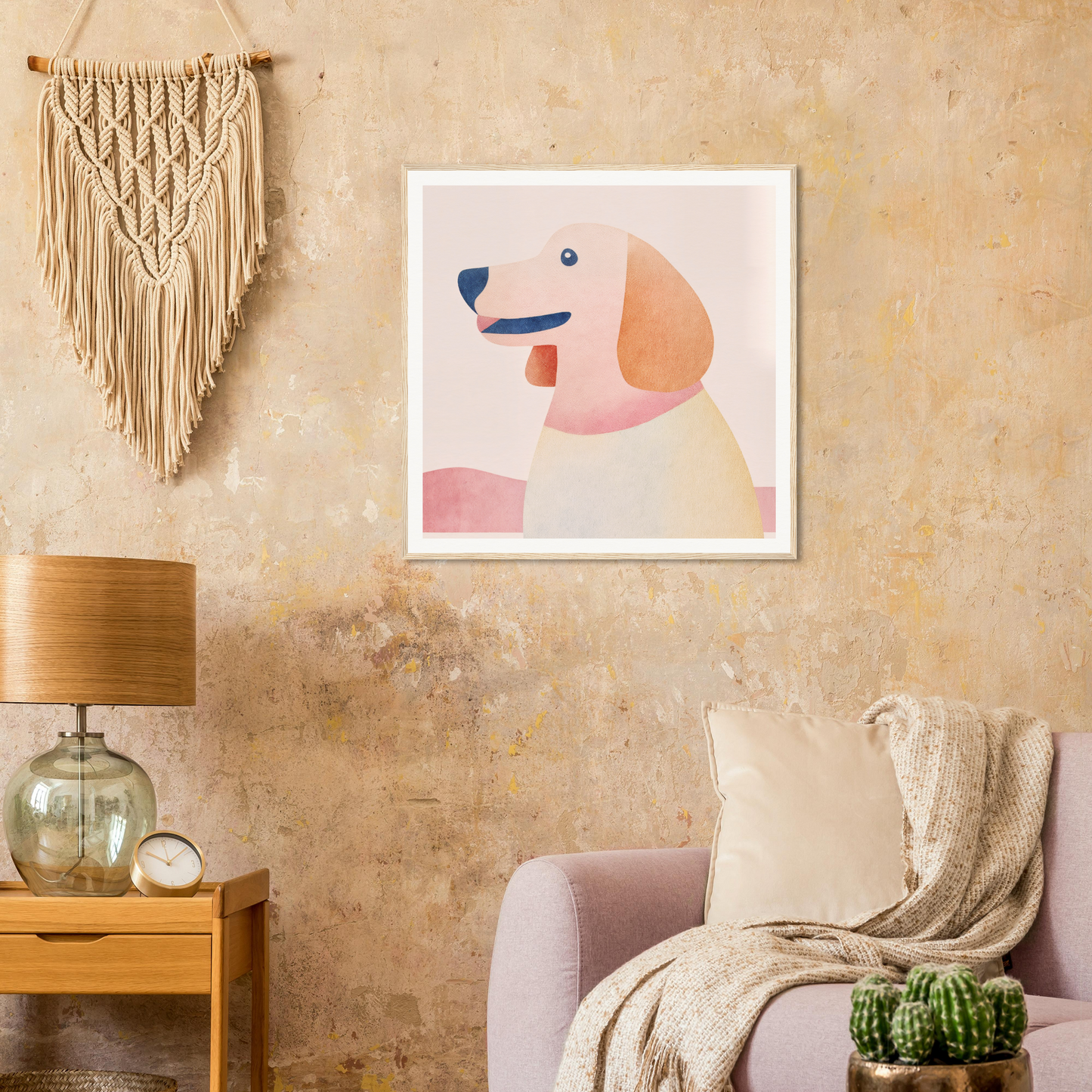 Minimalist art print of Psychedelic Pup Gregory in soft pink and beige tones