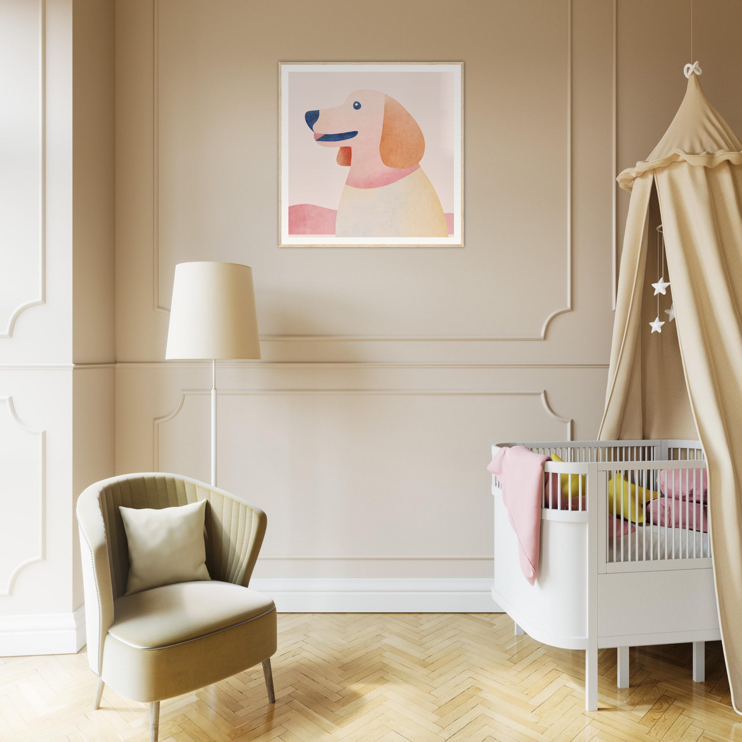 Modern nursery with a white crib and canopy featuring Psychedelic Pup Gregory