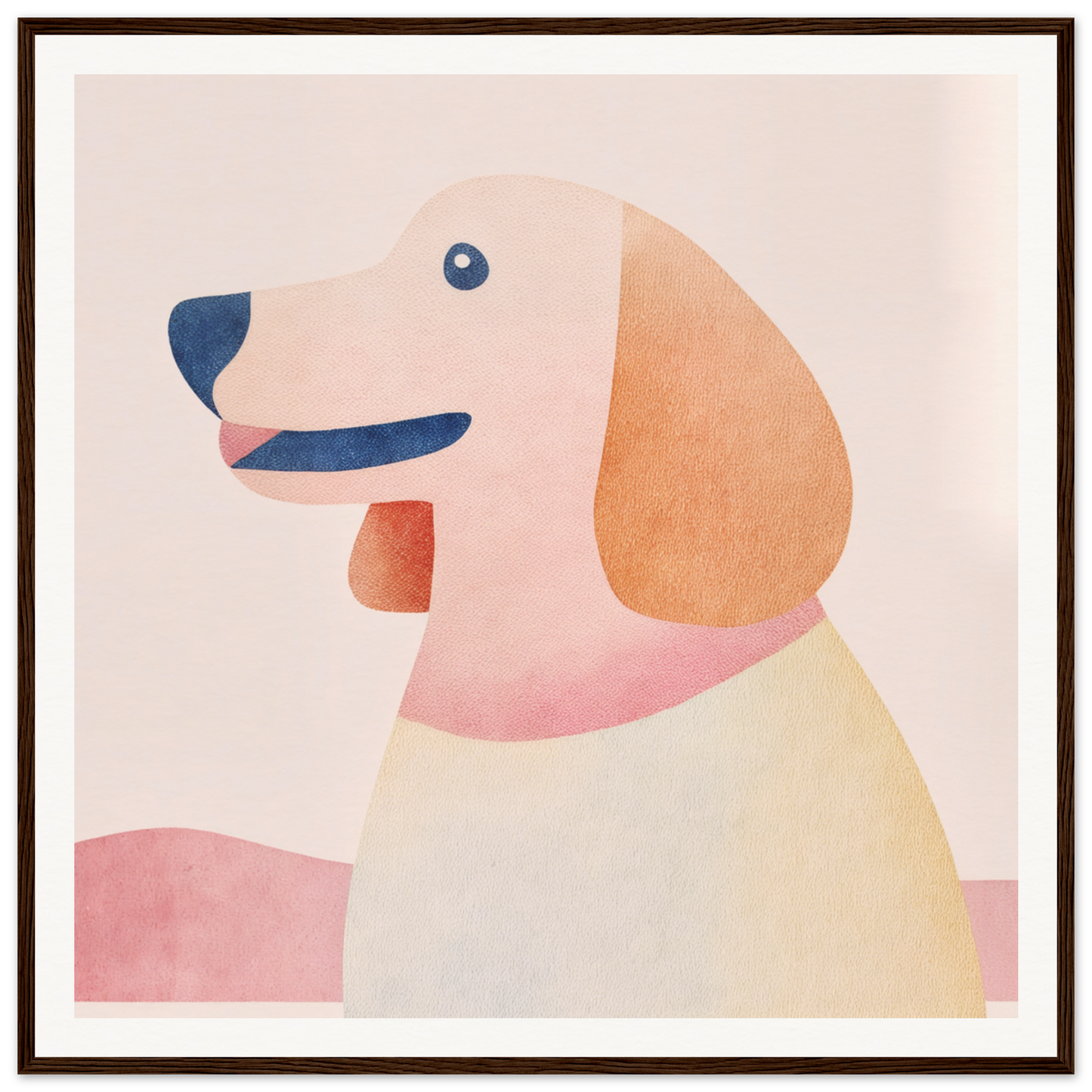 Minimalist illustration of a floppy-eared dog in pastel colors from Psychedelic Pup Gregory