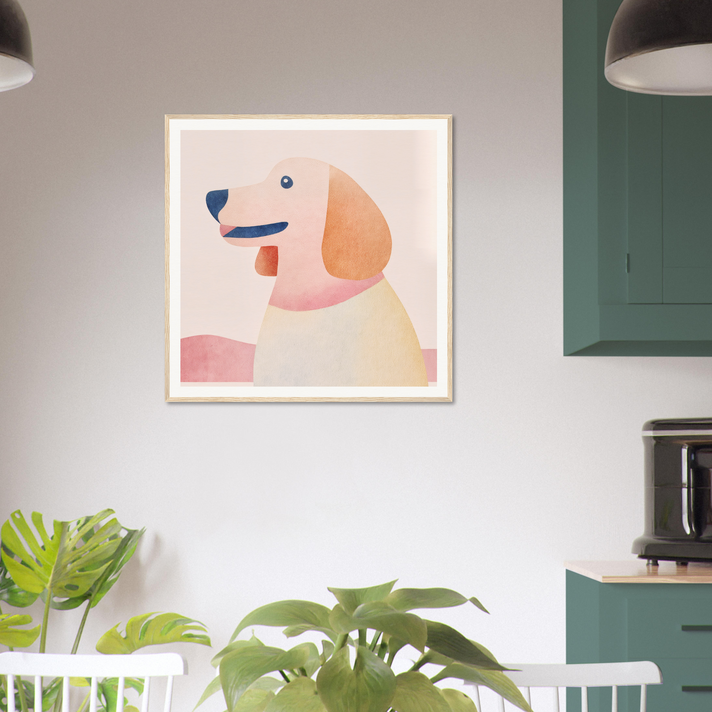 Minimalist art print of a dog’s head in peach and pink tones, Psychedelic Pup Gregory