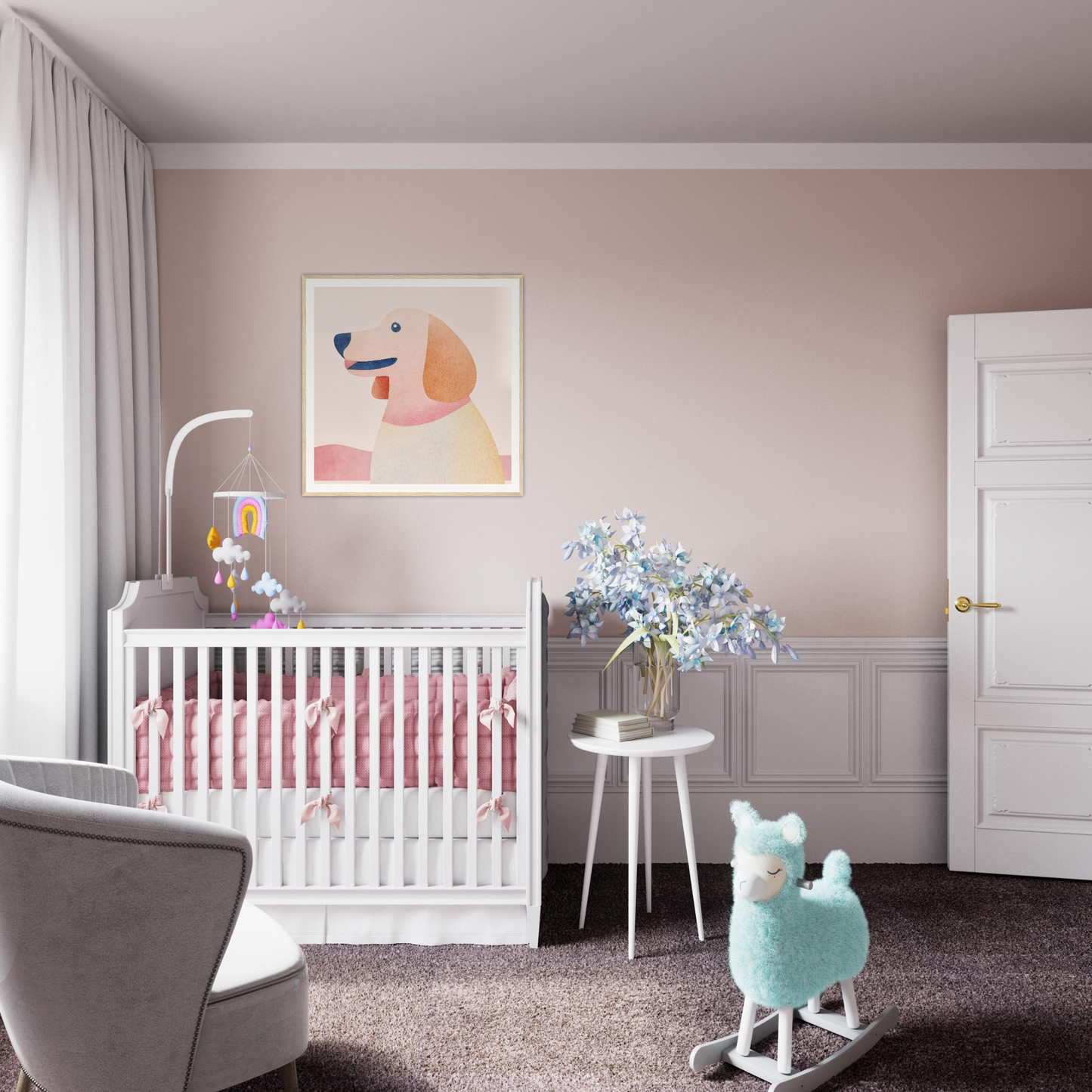 White wooden crib with pink bedding for the Psychedelic Pup Gregory product